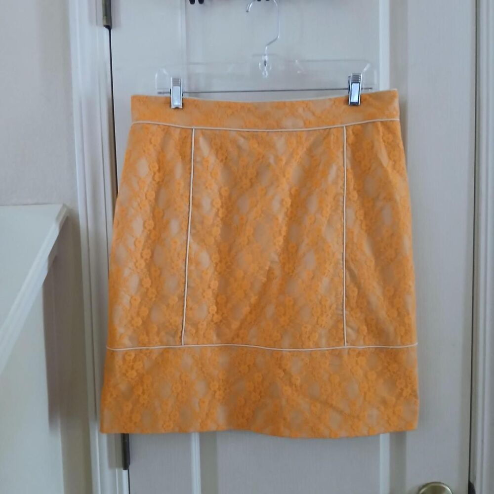 Y2K 90s Style Orange Floral Lace Overlay Knee Length Pencil Skirt Tan Piping 14